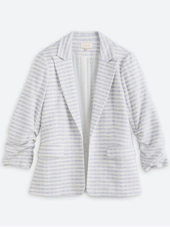 Skies Are Blue Jackets & Blazers - Skies Are Blue Blue & White Striped Tweed Ruched 3/4 Sleeve Blazer